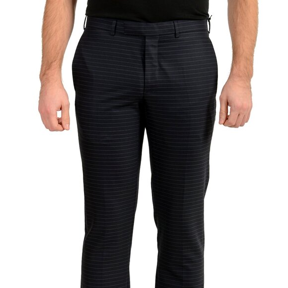 Christian Dior Men's Navy 100% Wool Striped Flat Front Dress Pants US 32 IT 48Ch